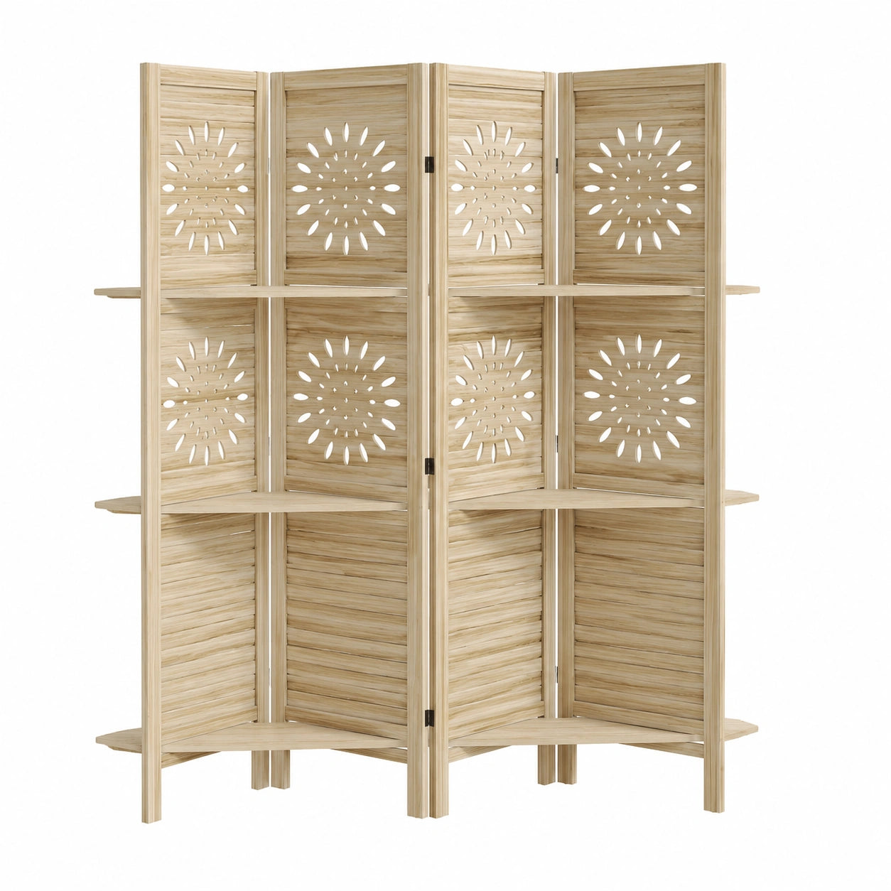 HOMCOM Raumteiler aus Paulownia-Holz, 4 Paneele & 3 Regale, Faltbar 160x170cm, Natur