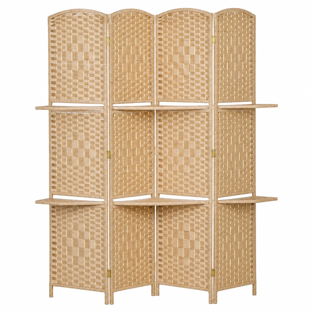 HOMCOM Raumteiler Paravent, 4-teilig, 160 x 170 cm, Faltbar mit Regalfächern, Kiefernholz, Natur für Büro, Wohn- und Schlafzimmer